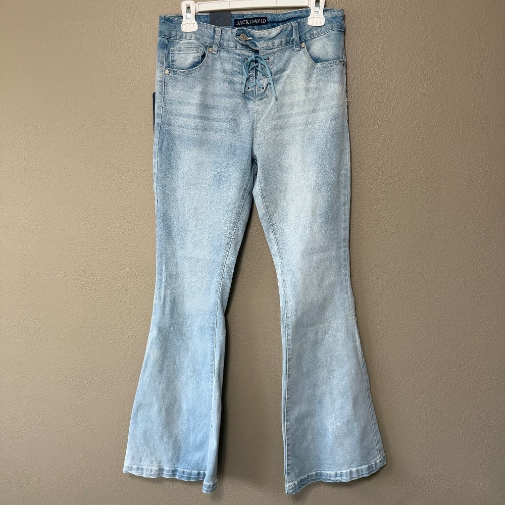 Jack David Y2K Bratz Tie Fly Lightwash Stretch Flare Boho Hipster 70s Jeans‎ 13